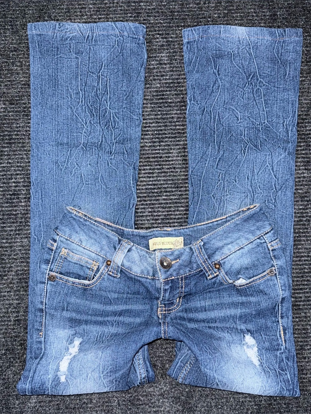 Paris Blues Y2K Low Rise Bootcut Distressed Jeans Size 7 (29x29.5) Blue Grunge